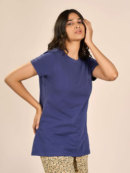 MAYSIXTY - Women Cotton Spandex Blue Round Neck Shorts Sleeve Solid Top