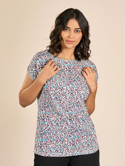 MAYSIXTY - Women Jersey Slub Blue Round Neck Shorts Sleeve Printed T-Shirt