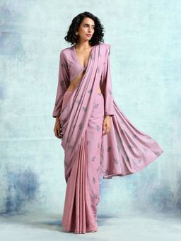 trueBrowns - Light Mauve Printed Velvet Ready To Wear Saree