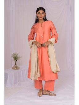 Mushio - Peach Pintucks Floral Lace Chanderi Kurta Set(Set Of3)