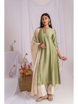 Mushio - Sage Green A-Line Hand Embellished Kurta Set(Set Of3)