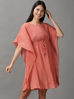 SHOWOFF - Womens Round Neck Knee Length Peach Solid Dress