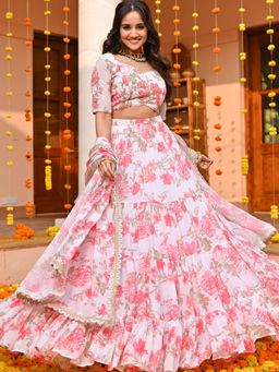 Lavanya The Label - White Printed Lehenga and Blouse with Dupatta