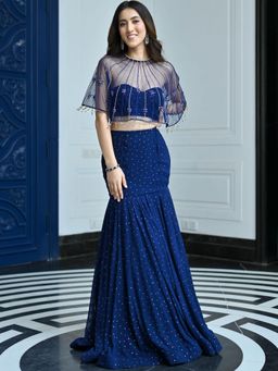 Lavanya The Label - Jugnu Midnight Blue Blouse with Cape and Lehenga