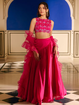 Lavanya The Label - Modern Crimson Pink Lehenga and Blouse with Dupatta