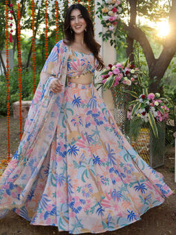 Lavanya The Label - Beige Printed Lehenga and Blouse with Dupatta