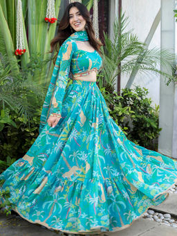 Lavanya The Label - Green Printed Georgette Lehenga and Blouse with Dupatta