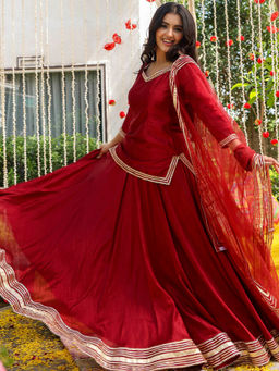 Lavanya The Label - Maroon Short Kurti Lehenga and Blouse with Dupatta
