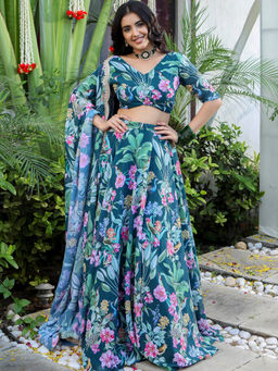 Lavanya The Label - Green Printed Lehenga and Blouse with Dupatta