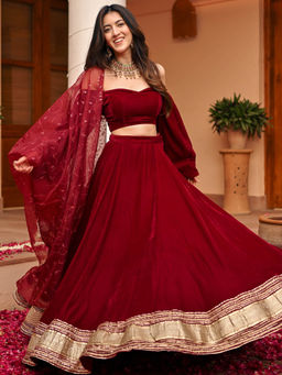 Lavanya The Label - Maroon Velvet Lace Lehenga and Blouse with Dupatta