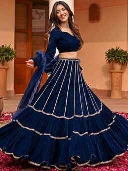 Lavanya The Label - Blue Velvet Lace Lehenga and Blouse with Dupatta
