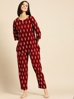 ichaa - Maroon Premium Rayon Printed Top with Pajama (Set of 2)
