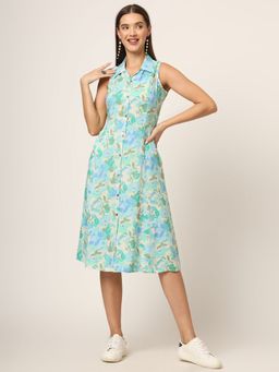 Divena - Green Floral Print A-Line Midi Dress