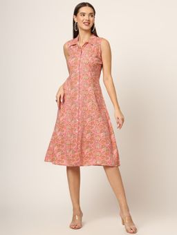 Divena - Pink Floral Print A-Line Midi Dress