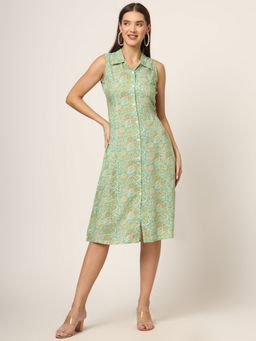 Divena - Green Floral Print A-Line Midi Dress