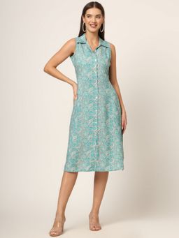 Divena - Sky Blue Floral Print A-Line Midi Dress