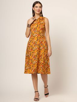 Divena - yellow Floral Print A-Line Midi Dress
