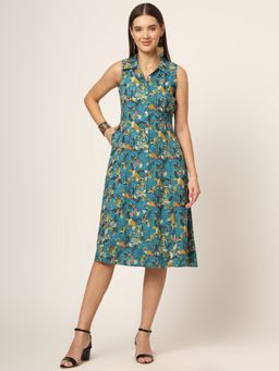 Divena - Blue Floral Print A-Line Midi Dress