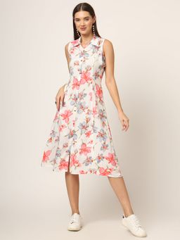 Divena - White Floral Print A-Line Midi Dress