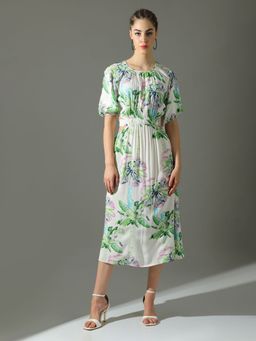 Dora Dori - Floral Printed Fit and Flare Cut-Outs Dress
