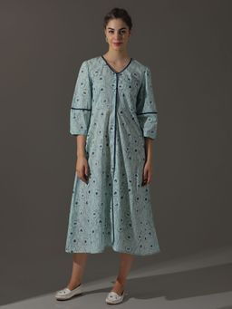 Dora Dori - Relaxed Fit Abstract Printed A-Line Lace Inserts Dress