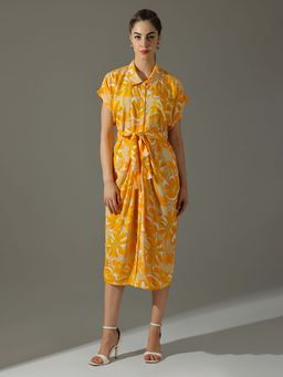 Dora Dori - Floral Printed Shirt Collar Belted Dress