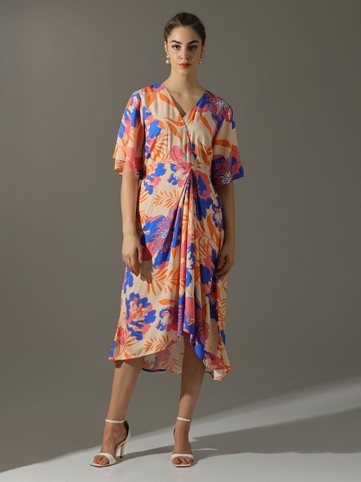 Buy Dora Dori Floral Printed Gathered Midi Dress (S) Online