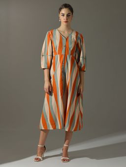 Dora Dori - Relaxed Fit Striped A-Line Lace Inserts Dress