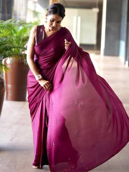 Swtantra - Pre Draped 1 Minute Wine Satin Saree with Rainbow Beads and Unstitched Blouse
