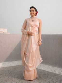 Swtantra - Peach Metallic Satin Saree with Beads and Unstitched Blouse
