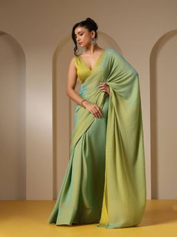 Swtantra - Yellow and Green Dual Shade Soft Chiffon Saree with Unstitched Blouse