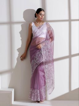 Swtantra - Galaxy Lilac Saree with White Embroidery with Unstitched Blouse