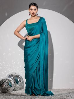 Swtantra - Swirl Sea Blue Butter Chiffon Saree with Embroidered Unstitched Blouse