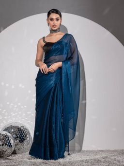 Swtantra - Peacock Shimmer Chiffon with Pendants and Unstitched Blouse