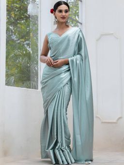 Swtantra - Sea Crystal Mint Green Satin Stripe Saree with Embroidered Unstitched Blouse