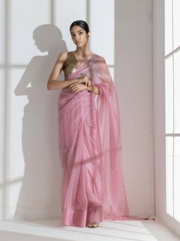 Swtantra - Orchid Pink Organza Net Saree with Gold Print and Latkan (Free Size)