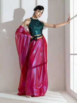 Swtantra - Pink with Blue Shine Organza Net Saree and Rama Sequin Unstitched Blouse