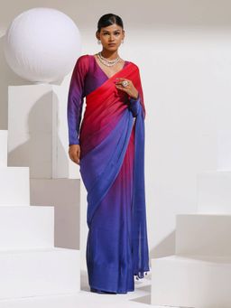Swtantra - Red and Navy Chiffon Ombre Saree with Beads and Unstitched Blouse