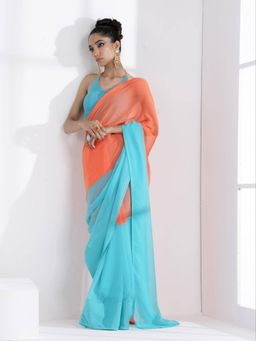 Swtantra - Blaze Orange and Aqua Fusion Textured Chiffon Saree with Unstitched Blouse