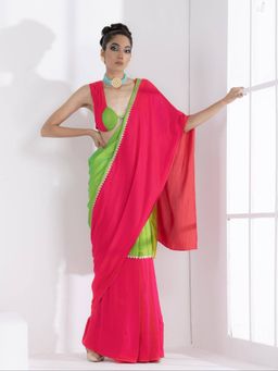 Swtantra - Chartreuse and Fuchsia Border Paradise Satin Saree with Unstitched Blouse