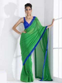 Swtantra - Tree Green Georgette Saree with Blue Posh Fabric Border and Unstitched Blouse