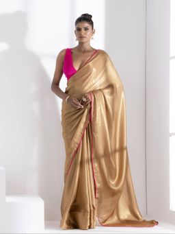 Swtantra - Hazel Beige Gold Chiffon Saree with Pink Edge Lace and Unstitched Blouse