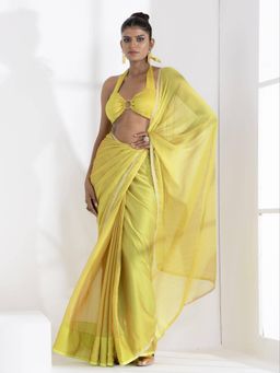 Swtantra - Lime and Lemony Chiffon Saree with Lace and Unstitched Blouse