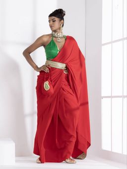 Swtantra - Jungle Red Korean Saree with Green Lace and Unstitched Blouse