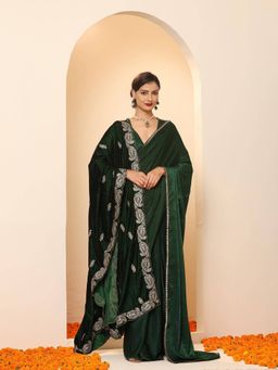 Swtantra - Green Posh Velvety Saree with Lace and Unstitched Blouse