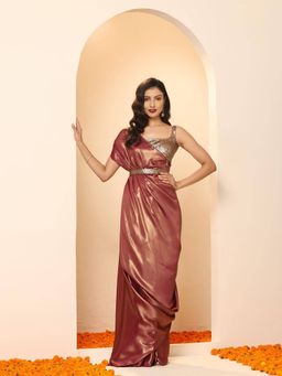Swtantra - Wine Gold Chiffon Saree with Unstitched Blouse