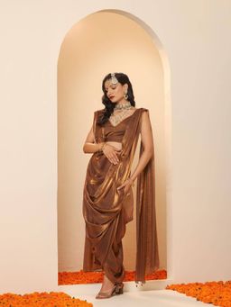 Swtantra - Arabian Glamour Gold Metallic Satin Saree with Beads and Unstitched Blouse