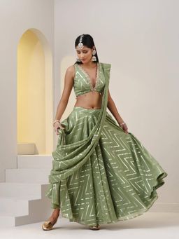 Swtantra - Mehndi Chevron Organza Sharara Saree with Unstitched Blouse