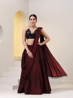 Swtantra - Rosewood Satin Skirt Saree with Waterfall Pallu and Black Sequin and Unstitched Blouse