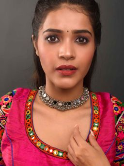 Fida - Silver Mirror Work Tribal Choker Necklace For Women